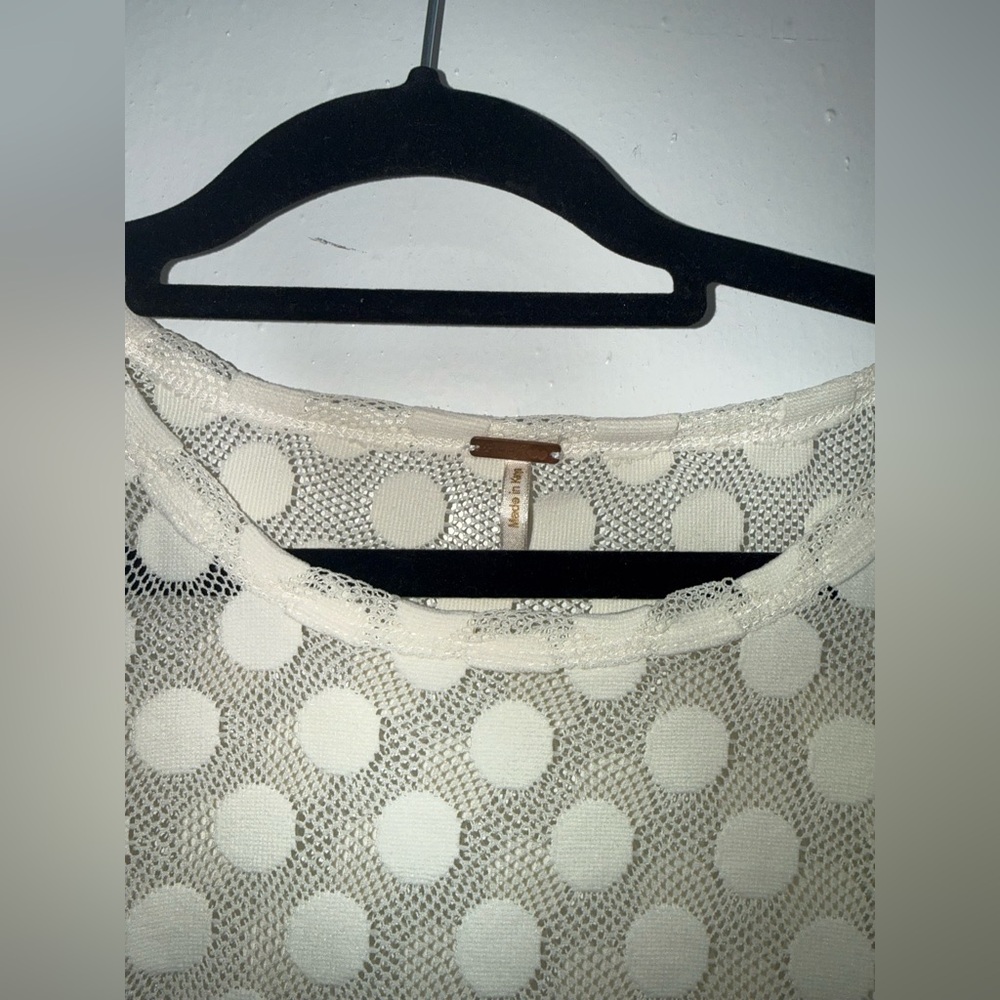Poof Women Polka Dot Sheer Top Blouse in Ivory Beige Short Sleeve Shirt Raglan M - Picture 3 of 5